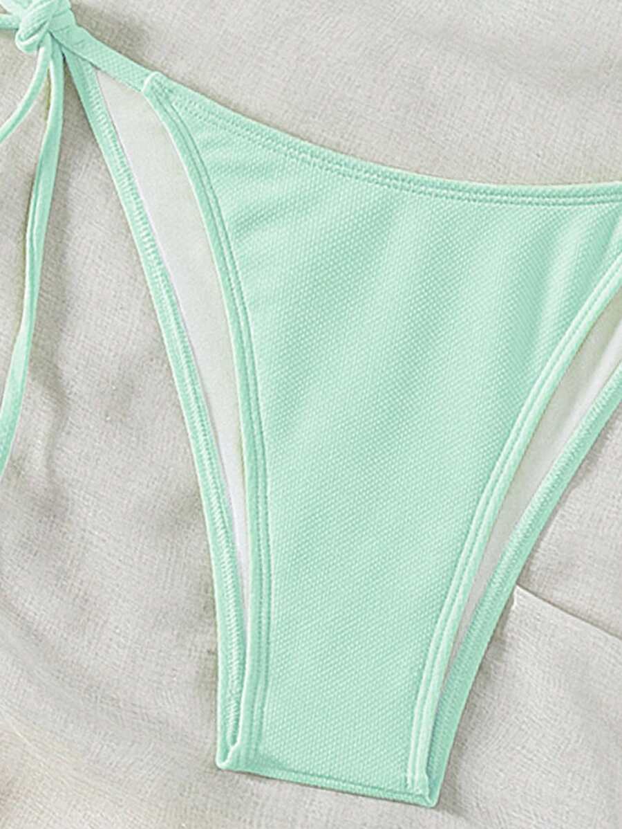 Swim Vcay 2026 Spring/Summer Green Special Fabric Women's Swimwear, Spaghetti Strap Halter Solid Color Sexy Side Tie Thong Bikini Two-Piece Swimwear Teal Bikini Tie Bikini Set Textured Bikini Triangle Bikini Triangle Bikini Set