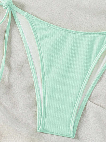 Swim Vcay 2026 Spring/Summer Green Special Fabric Women's Swimwear, Spaghetti Strap Halter Solid Color Sexy Side Tie Thong Bikini Two-Piece Swimwear Teal Bikini Tie Bikini Set Textured Bikini Triangle Bikini Triangle Bikini Set