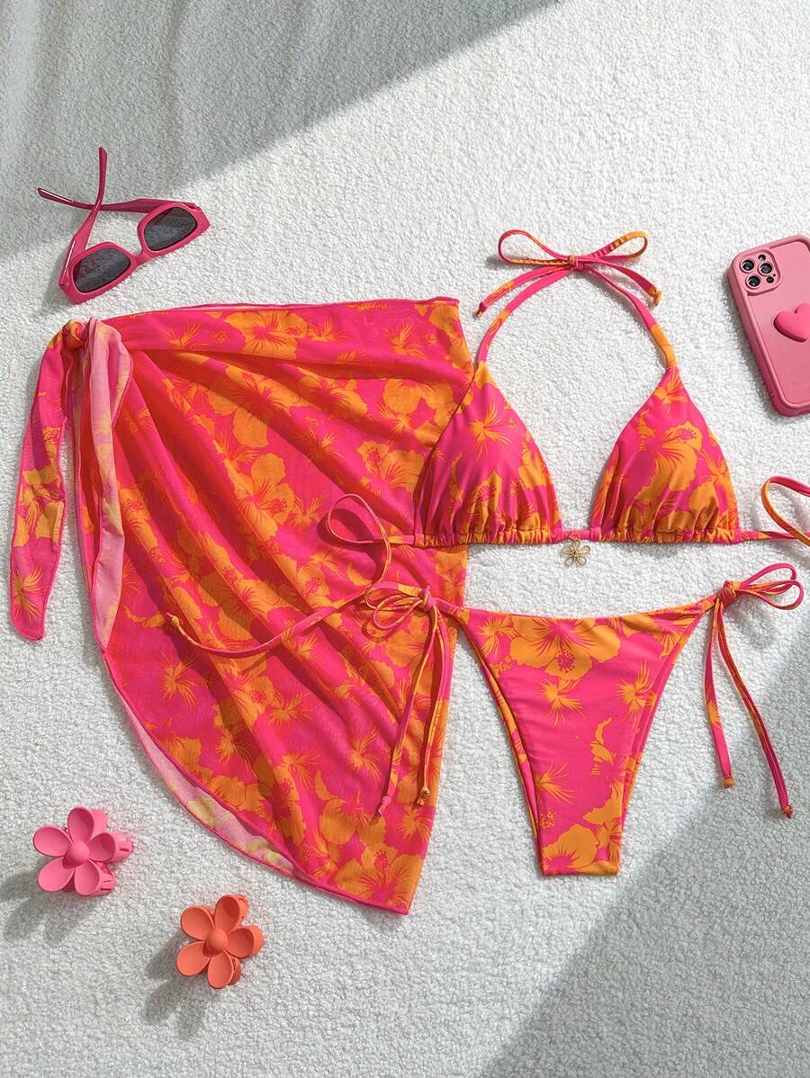 Women's 3-Piece Halter Bikini Set - Beach Dress, Tie-Up, Skirt Bottom, Blue