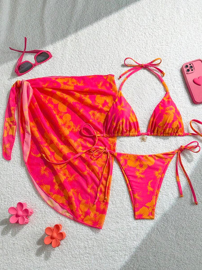 Women's 3-Piece Halter Bikini Set - Beach Dress, Tie-Up, Skirt Bottom, Blue