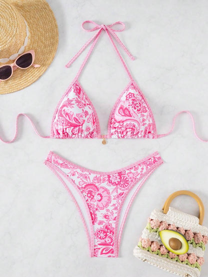 Women's 2-Piece Boho Halter Bikini Set - Tie Detail, High Cut, Floral Print, Green