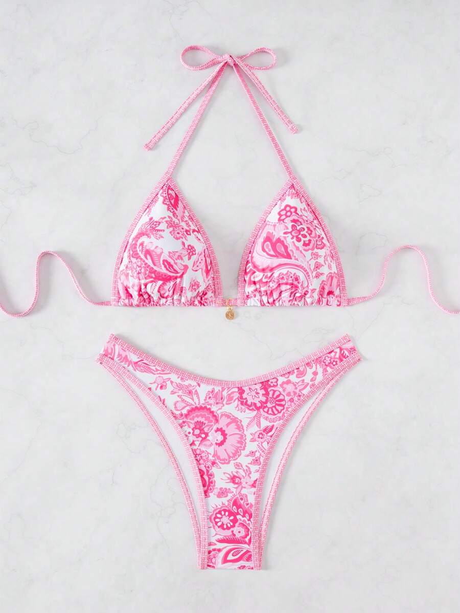 Women's 2-Piece Boho Halter Bikini Set - Tie Detail, High Cut, Floral Print, Green