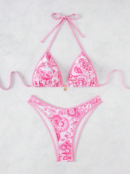 Women's 2-Piece Boho Halter Bikini Set - Tie Detail, High Cut, Floral Print, Green