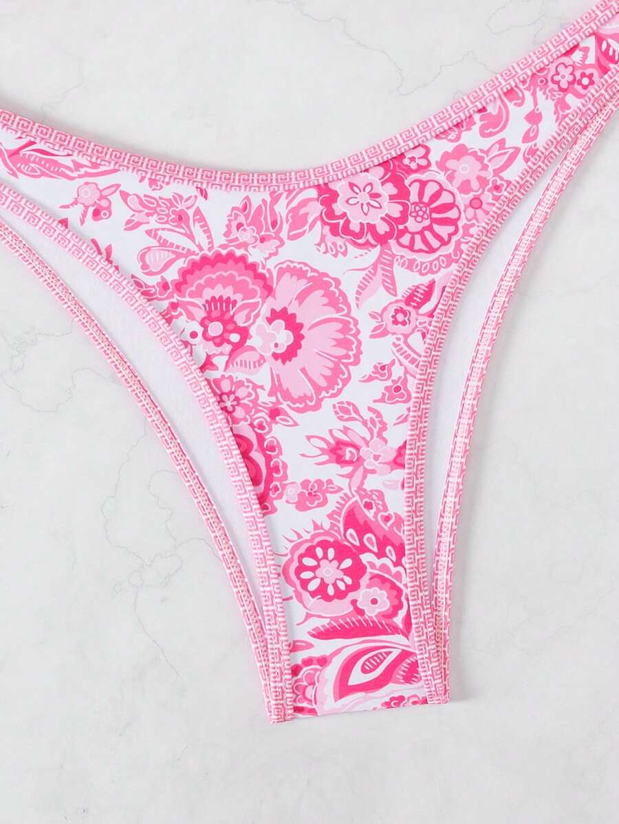 Women's 2-Piece Boho Halter Bikini Set - Tie Detail, High Cut, Floral Print, Green