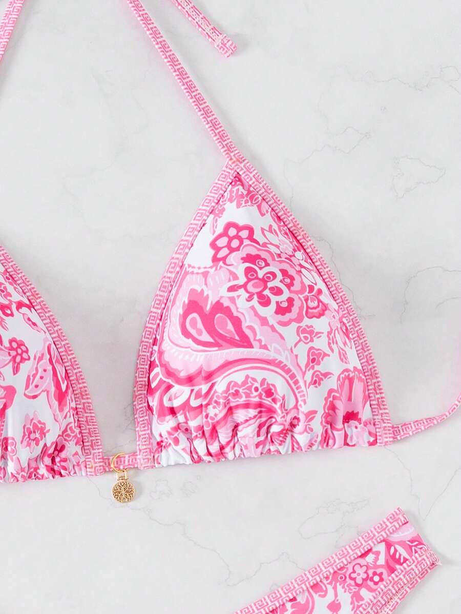 Women's 2-Piece Boho Halter Bikini Set - Tie Detail, High Cut, Floral Print, Green