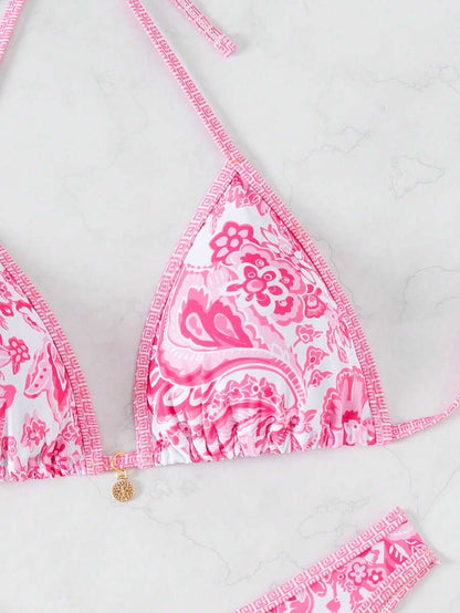 Women's 2-Piece Boho Halter Bikini Set - Tie Detail, High Cut, Floral Print, Green