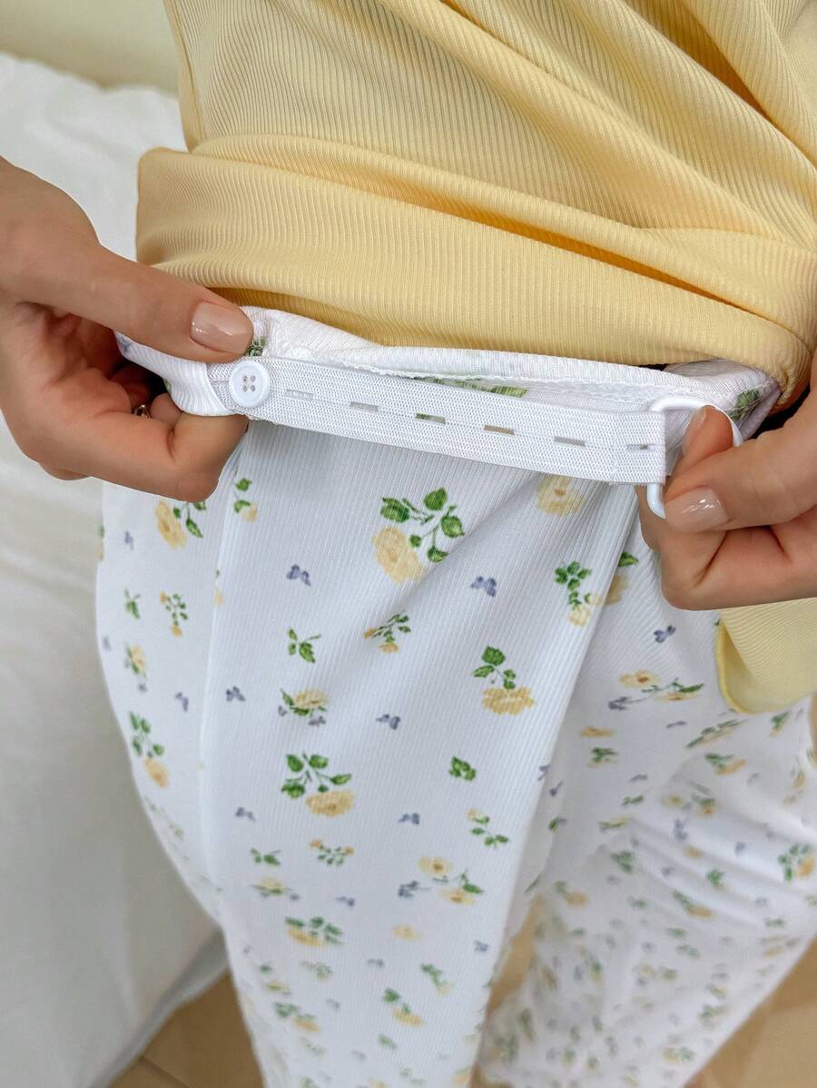 Maternity Pajama Set 2 Pack - Lace Trim V-Neck Cap Sleeve Top and Floral Pants, Holiday Nursing