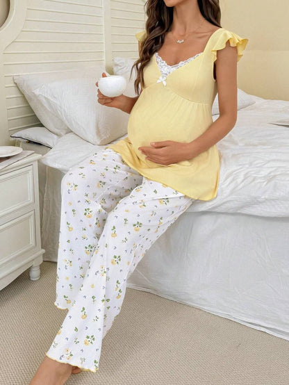 Maternity Pajama Set 2 Pack - Lace Trim V-Neck Cap Sleeve Top and Floral Pants, Holiday Nursing