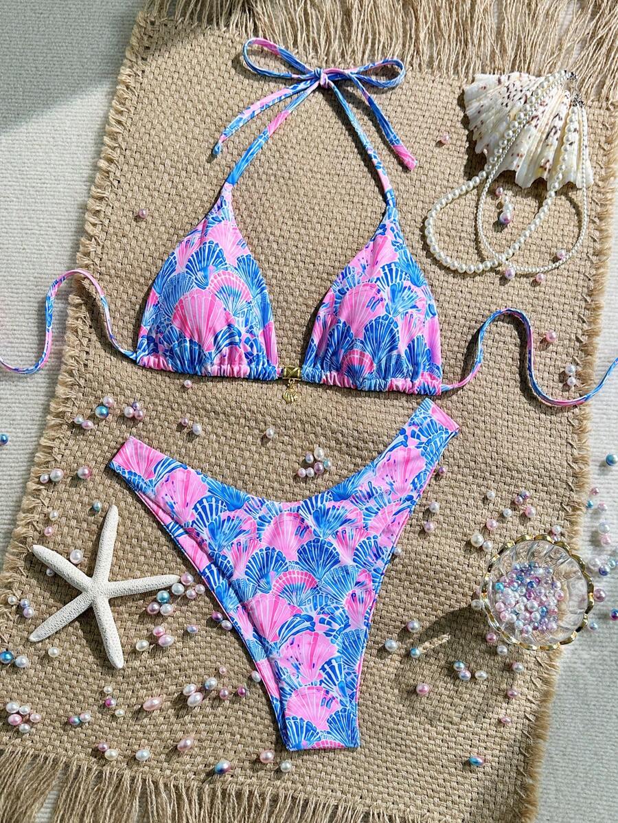 Swim Vcay Swim Mod Summer 2pcs Halter Random Floral Print & High Cut Bottoms Bikini Set, Beach Vacation