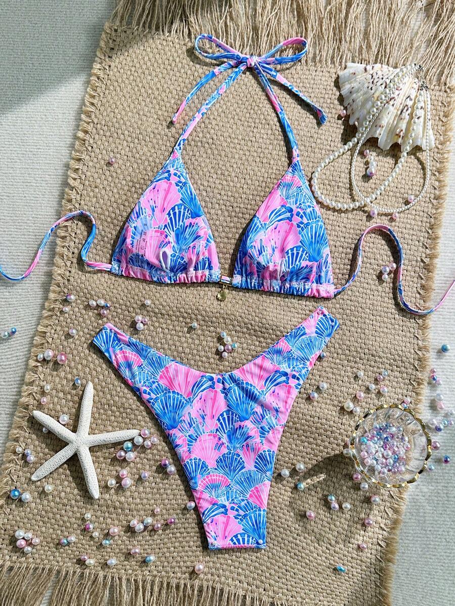 Swim Vcay Swim Mod Summer 2pcs Halter Random Floral Print & High Cut Bottoms Bikini Set, Beach Vacation
