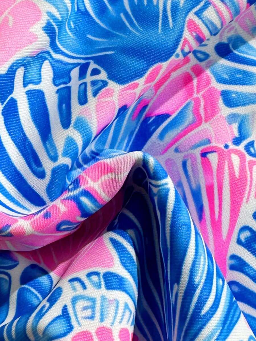 Swim Vcay Swim Mod Summer 2pcs Halter Random Floral Print & High Cut Bottoms Bikini Set, Beach Vacation