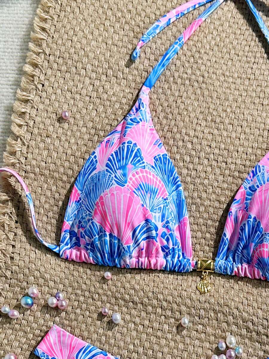 Swim Vcay Swim Mod Summer 2pcs Halter Random Floral Print & High Cut Bottoms Bikini Set, Beach Vacation