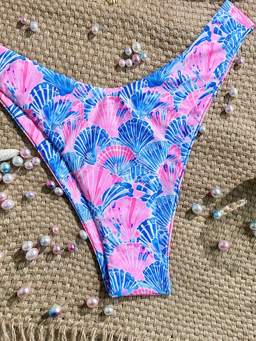 Swim Vcay Swim Mod Summer 2pcs Halter Random Floral Print & High Cut Bottoms Bikini Set, Beach Vacation