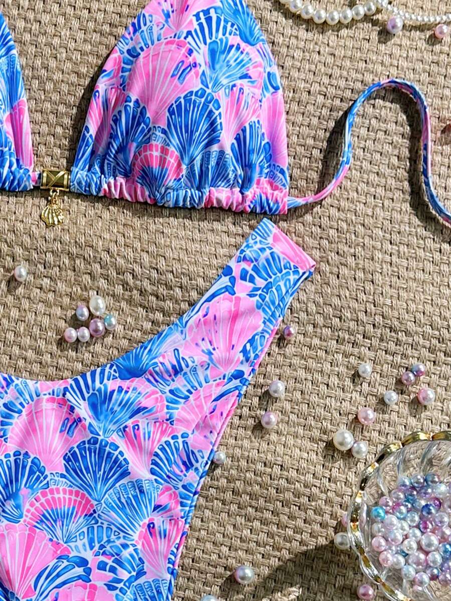 Swim Vcay Swim Mod Summer 2pcs Halter Random Floral Print & High Cut Bottoms Bikini Set, Beach Vacation
