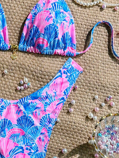 Swim Vcay Swim Mod Summer 2pcs Halter Random Floral Print & High Cut Bottoms Bikini Set, Beach Vacation