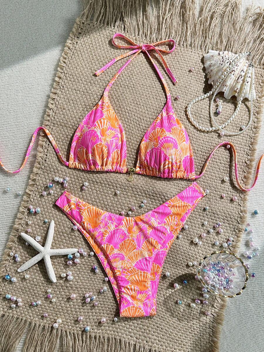 Swim Vcay Swim Mod Summer 2pcs Halter Random Floral Print & High Cut Bottoms Bikini Set, Beach Vacation