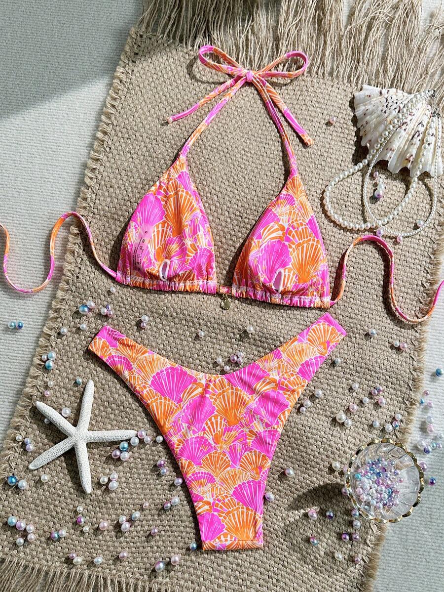 Swim Vcay Swim Mod Summer 2pcs Halter Random Floral Print & High Cut Bottoms Bikini Set, Beach Vacation