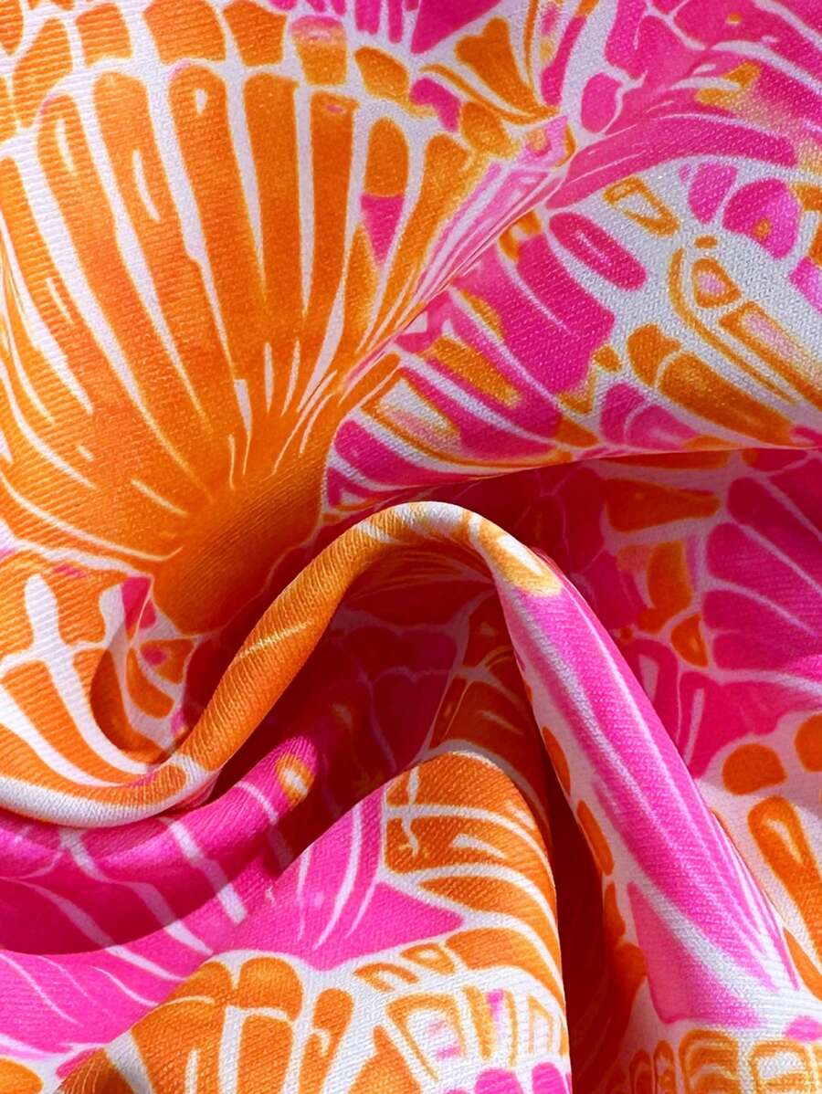 Swim Vcay Swim Mod Summer 2pcs Halter Random Floral Print & High Cut Bottoms Bikini Set, Beach Vacation