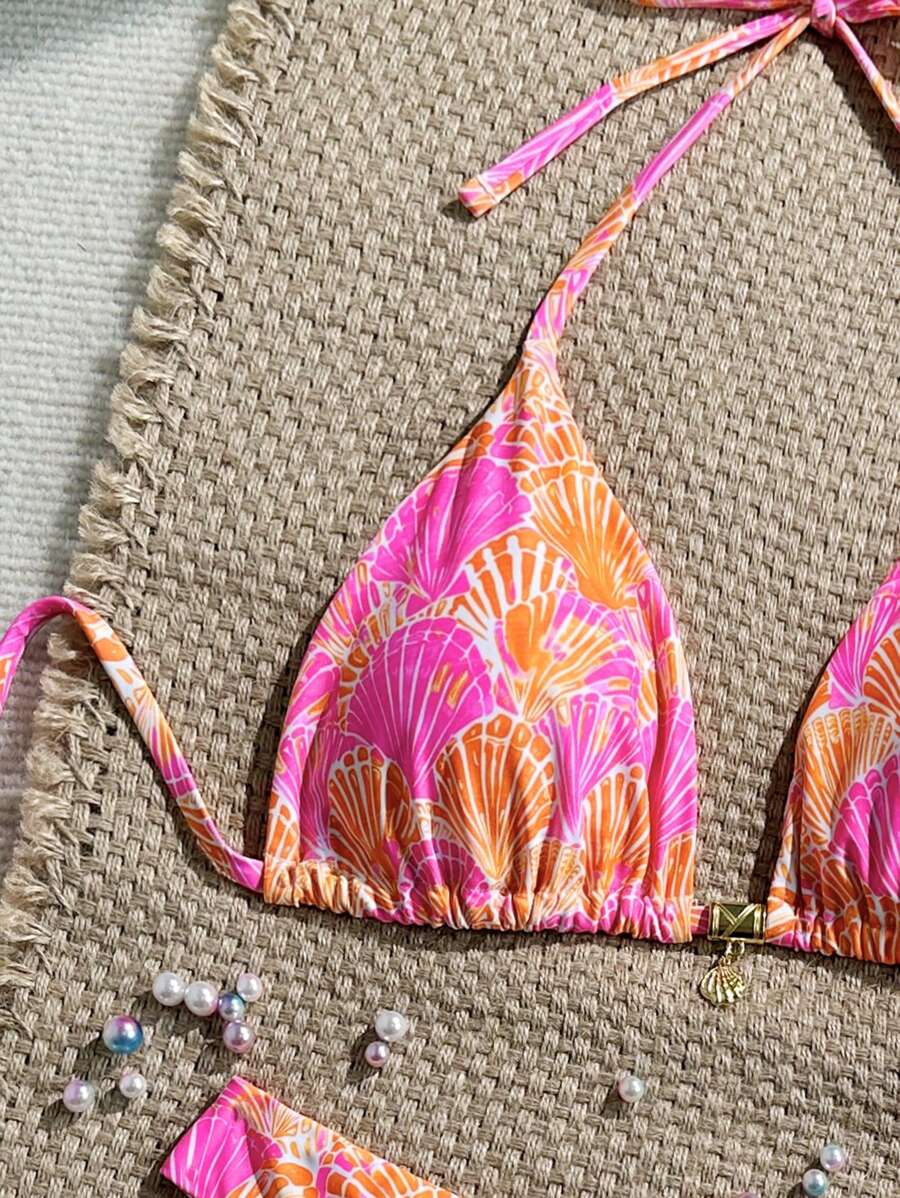 Swim Vcay Swim Mod Summer 2pcs Halter Random Floral Print & High Cut Bottoms Bikini Set, Beach Vacation