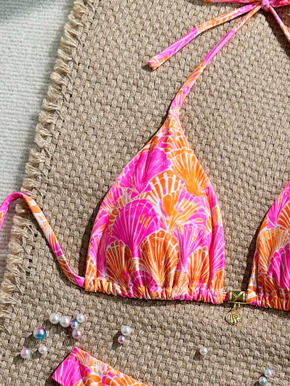 Swim Vcay Swim Mod Summer 2pcs Halter Random Floral Print & High Cut Bottoms Bikini Set, Beach Vacation