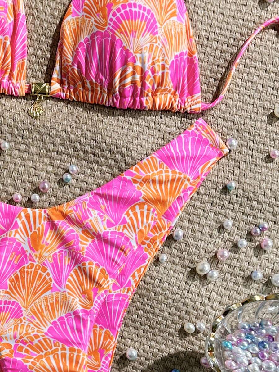 Swim Vcay Swim Mod Summer 2pcs Halter Random Floral Print & High Cut Bottoms Bikini Set, Beach Vacation