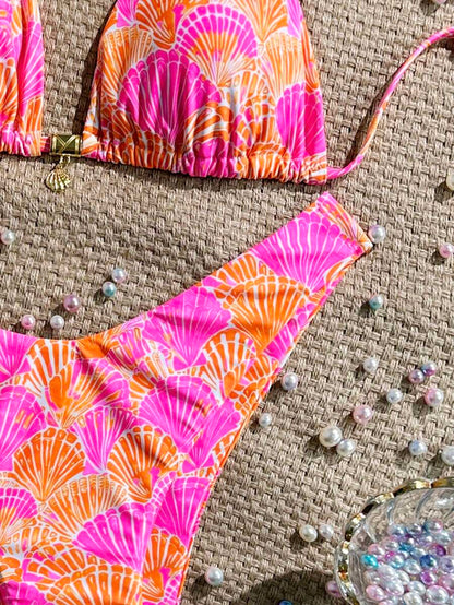 Swim Vcay Swim Mod Summer 2pcs Halter Random Floral Print & High Cut Bottoms Bikini Set, Beach Vacation