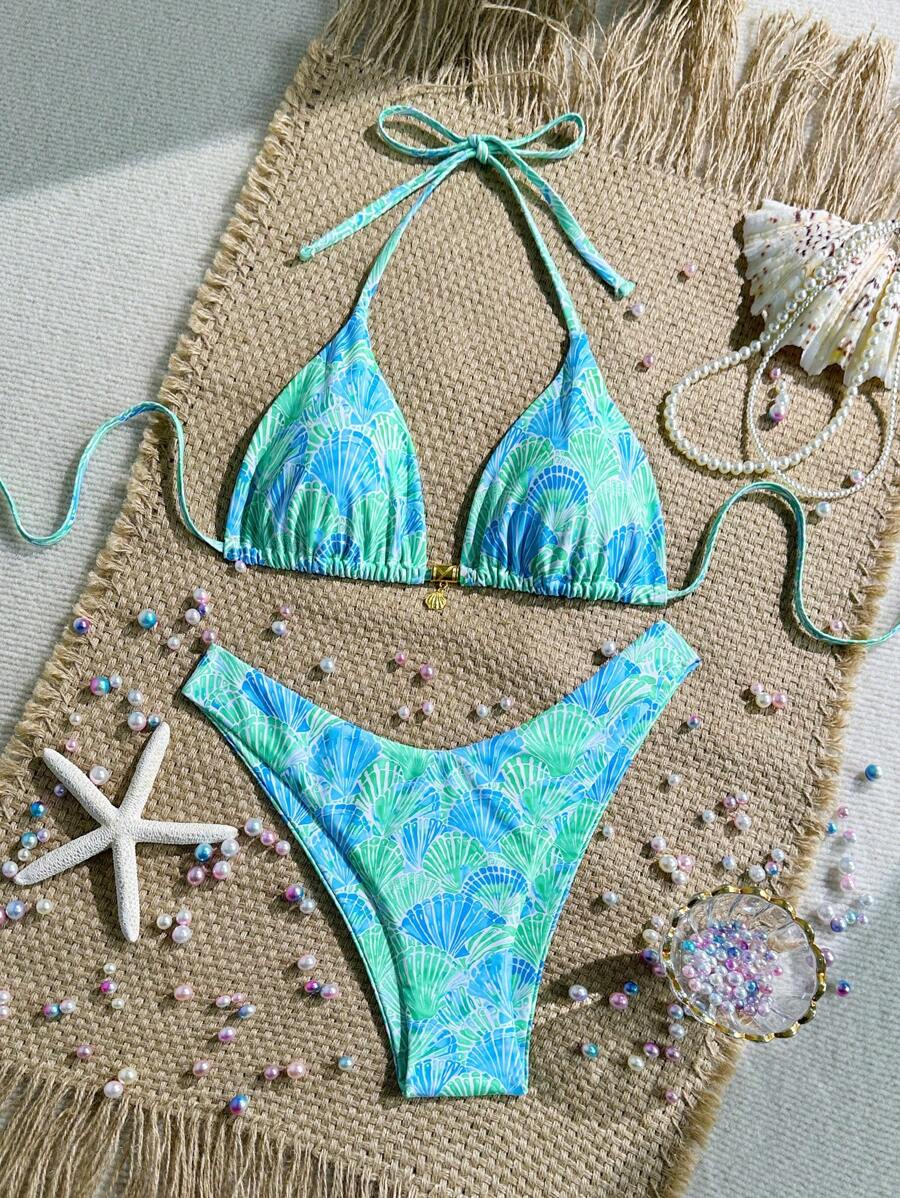 Swim Vcay Swim Mod Summer 2pcs Halter Random Floral Print & High Cut Bottoms Bikini Set, Beach Vacation