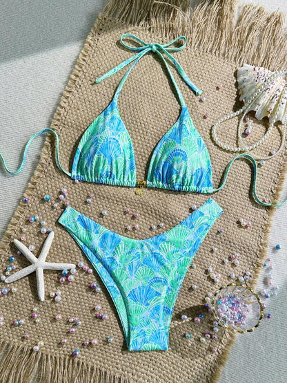 Swim Vcay Swim Mod Summer 2pcs Halter Random Floral Print & High Cut Bottoms Bikini Set, Beach Vacation