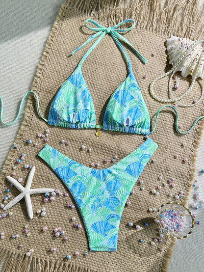 Swim Vcay Swim Mod Summer 2pcs Halter Random Floral Print & High Cut Bottoms Bikini Set, Beach Vacation