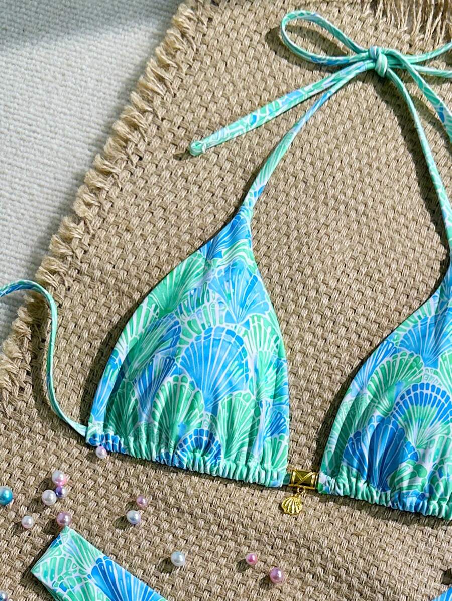 Swim Vcay Swim Mod Summer 2pcs Halter Random Floral Print & High Cut Bottoms Bikini Set, Beach Vacation
