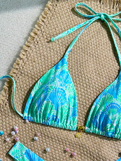 Swim Vcay Swim Mod Summer 2pcs Halter Random Floral Print & High Cut Bottoms Bikini Set, Beach Vacation