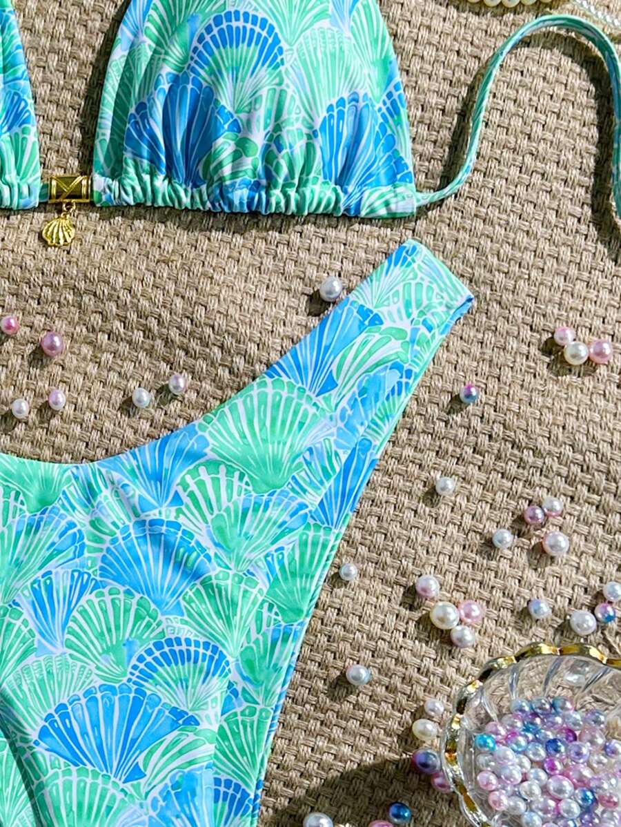 Swim Vcay Swim Mod Summer 2pcs Halter Random Floral Print & High Cut Bottoms Bikini Set, Beach Vacation