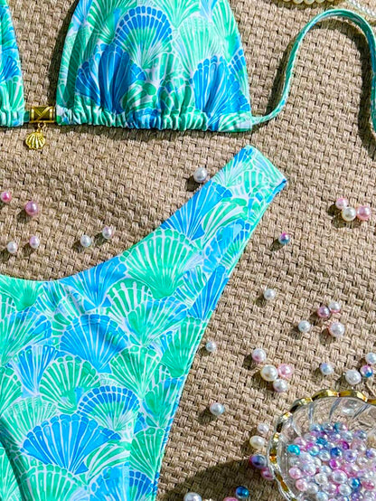 Swim Vcay Swim Mod Summer 2pcs Halter Random Floral Print & High Cut Bottoms Bikini Set, Beach Vacation