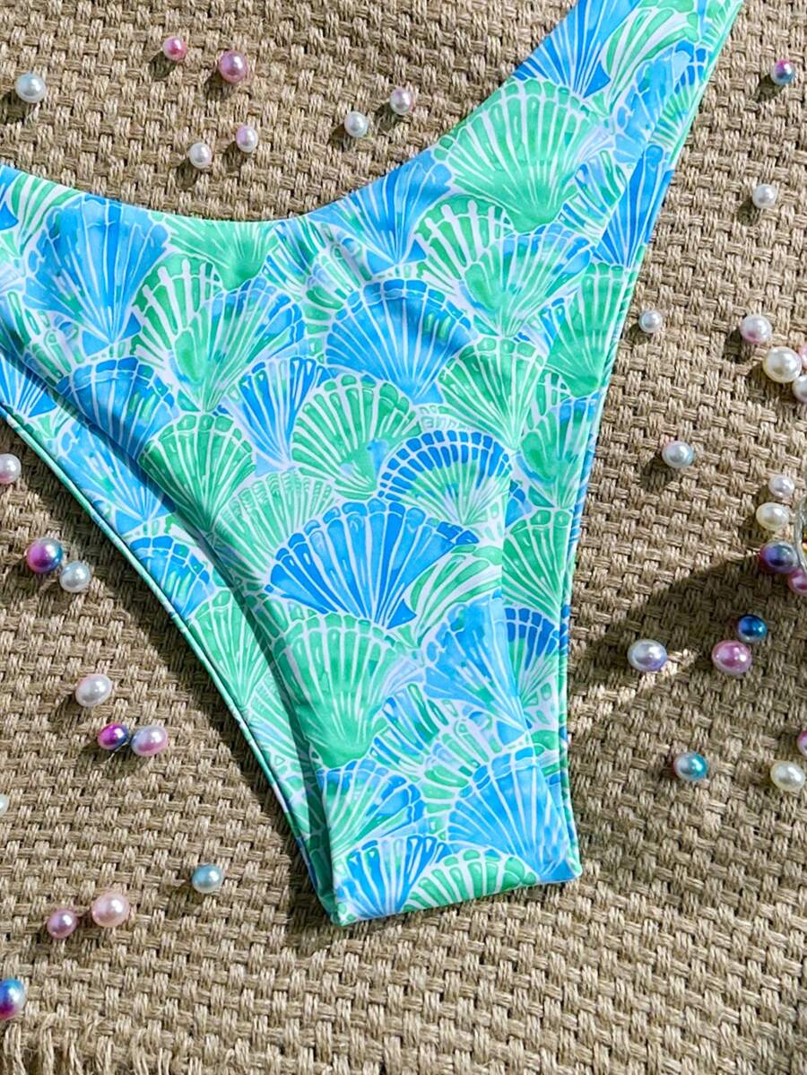 Swim Vcay Swim Mod Summer 2pcs Halter Random Floral Print & High Cut Bottoms Bikini Set, Beach Vacation