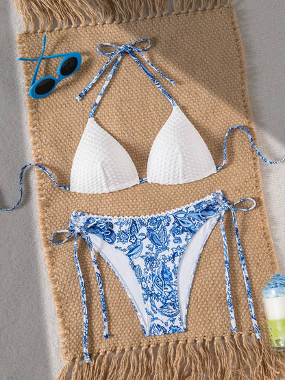 Swim Vcay 2pcs/Set New Summer Random Textured & Print Triangle Halter Bikini Swimwear With Floral Trim Decoration, Elegant Sexy Beach Vacation Pool Party Swimwear For Women
