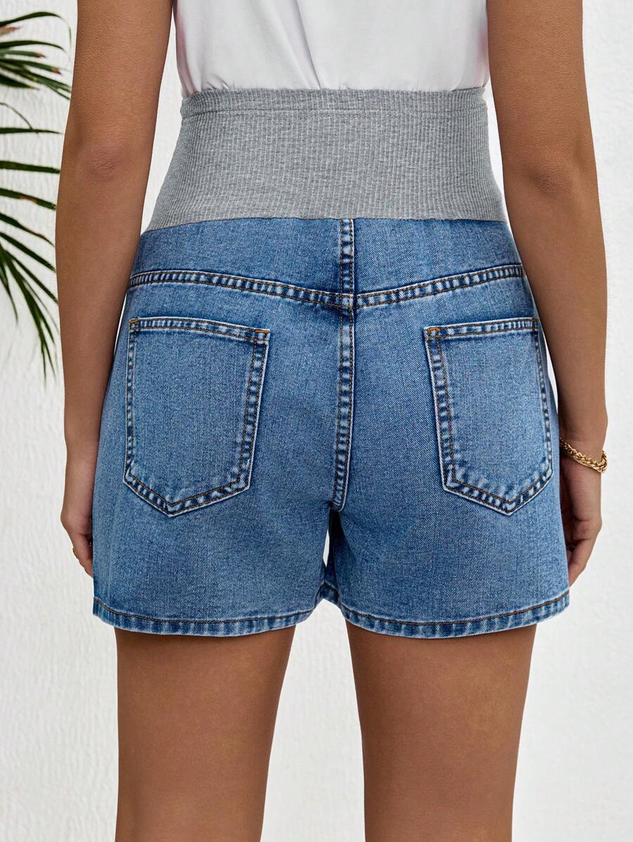 Maternity Denim Shorts - High Waist, Ribbed Patchwork, Pockets, Loose, Light Wash Blue