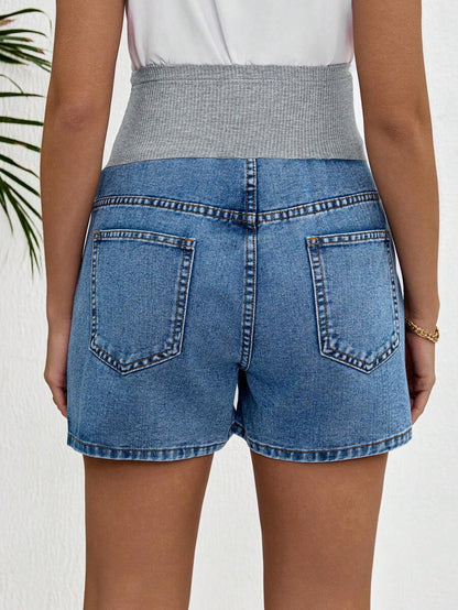 Maternity Denim Shorts - High Waist, Ribbed Patchwork, Pockets, Loose, Light Wash Blue