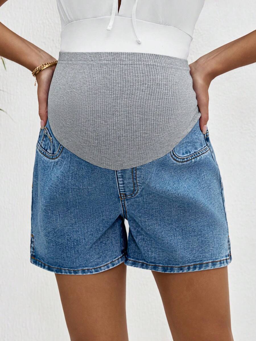Maternity Denim Shorts - High Waist, Ribbed Patchwork, Pockets, Loose, Light Wash Blue