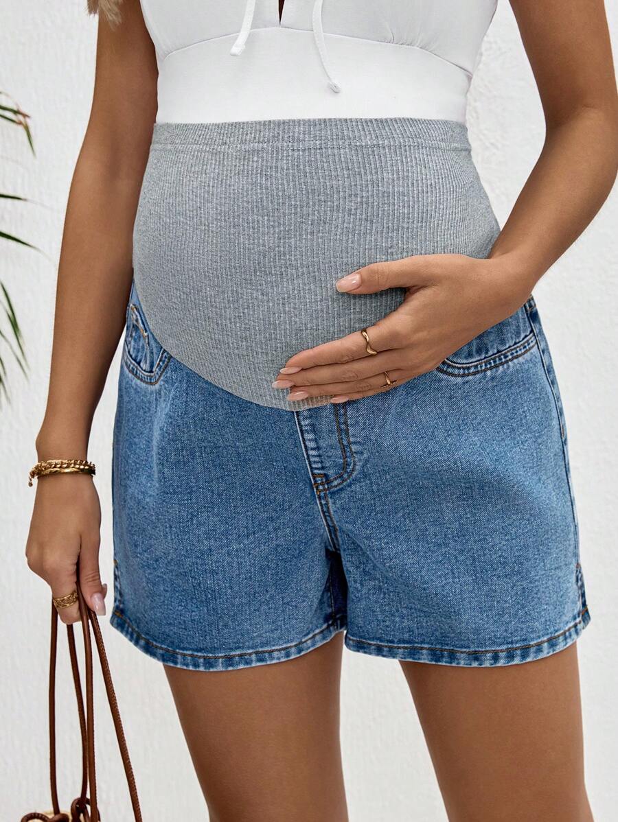 Maternity Denim Shorts - High Waist, Ribbed Patchwork, Pockets, Loose, Light Wash Blue