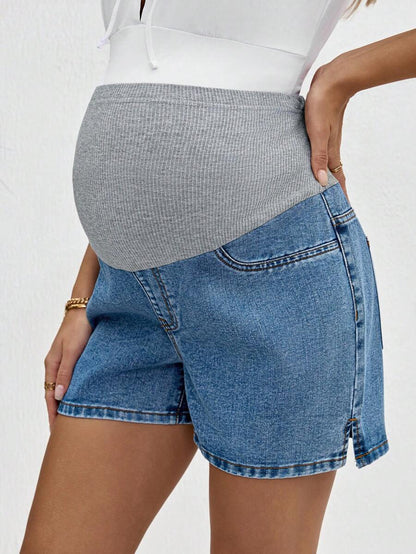 Maternity Denim Shorts - High Waist, Ribbed Patchwork, Pockets, Loose, Light Wash Blue
