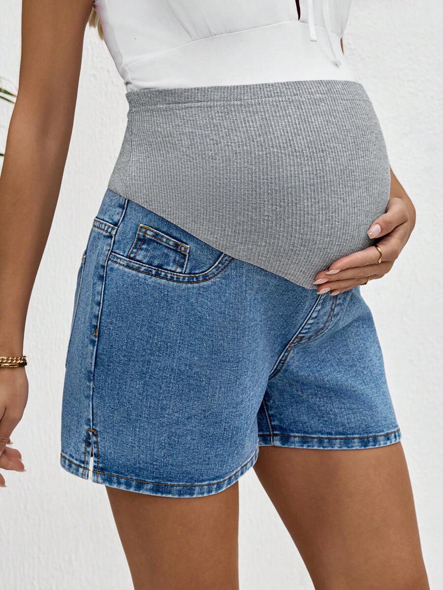 Maternity Denim Shorts - High Waist, Ribbed Patchwork, Pockets, Loose, Light Wash Blue