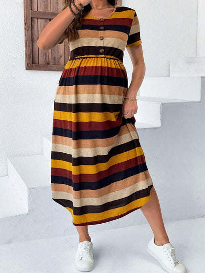 Maternity Striped V-Neck Midi Dress - Casual Short Sleeve High Waist Flared Garden Party Tee Dress in Multicolor