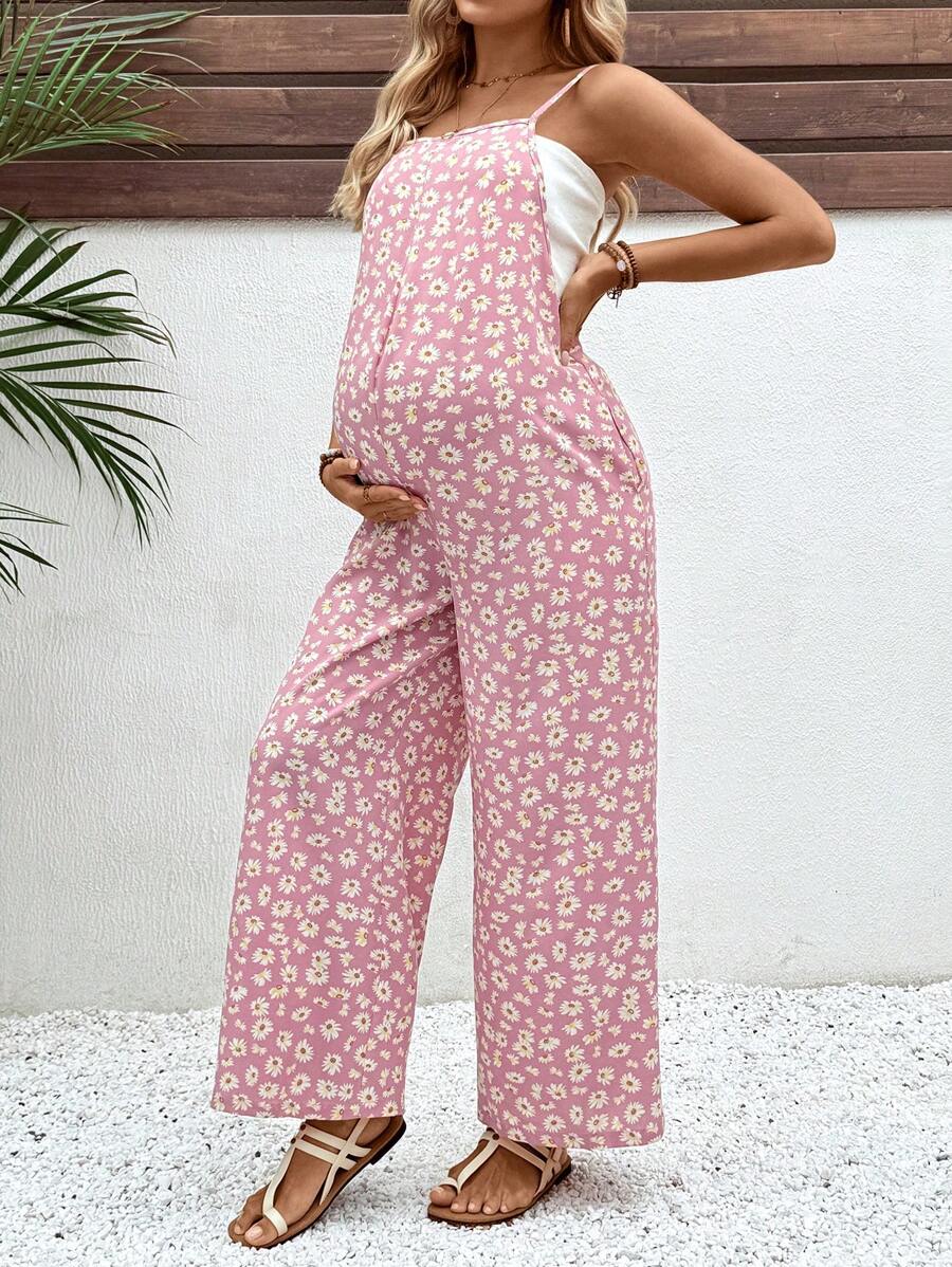 Maternity Floral Jumpsuit - Spaghetti Strap, Backless, Boho, Loose Fit, Yellow