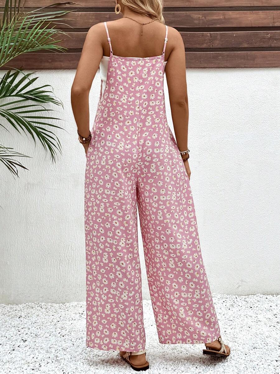 Maternity Floral Jumpsuit - Spaghetti Strap, Backless, Boho, Loose Fit, Yellow