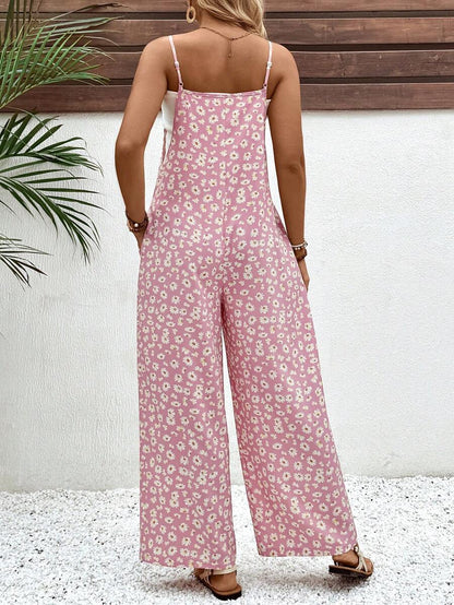 Maternity Floral Jumpsuit - Spaghetti Strap, Backless, Boho, Loose Fit, Yellow