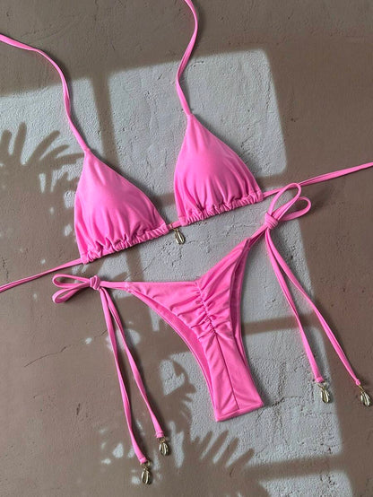 Swim Chiccia Women Spring Break Summer Beach Solid Color Halter Tie Sexy Bikini Swimsuit Set