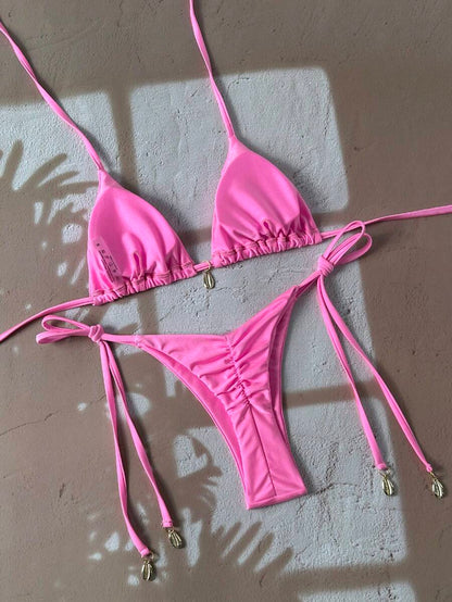 Swim Chiccia Women Spring Break Summer Beach Solid Color Halter Tie Sexy Bikini Swimsuit Set