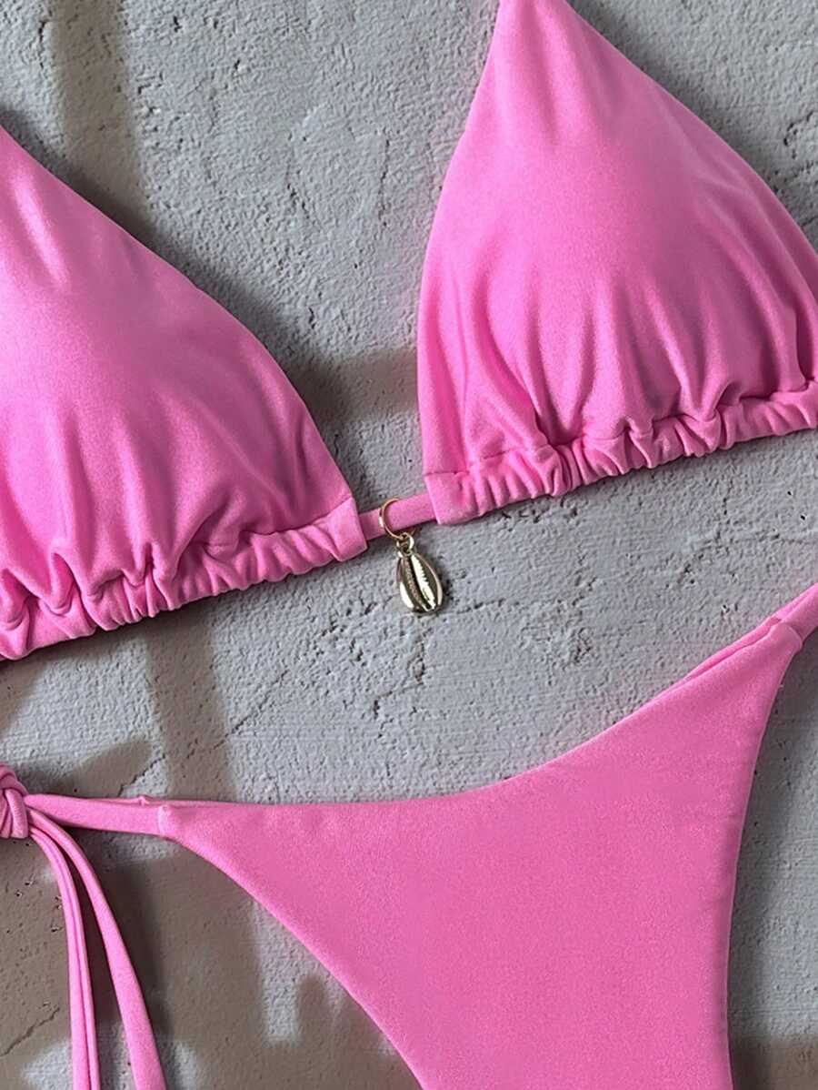 Swim Chiccia Women Spring Break Summer Beach Solid Color Halter Tie Sexy Bikini Swimsuit Set