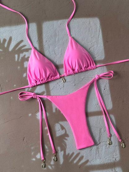 Swim Chiccia Women Spring Break Summer Beach Solid Color Halter Tie Sexy Bikini Swimsuit Set