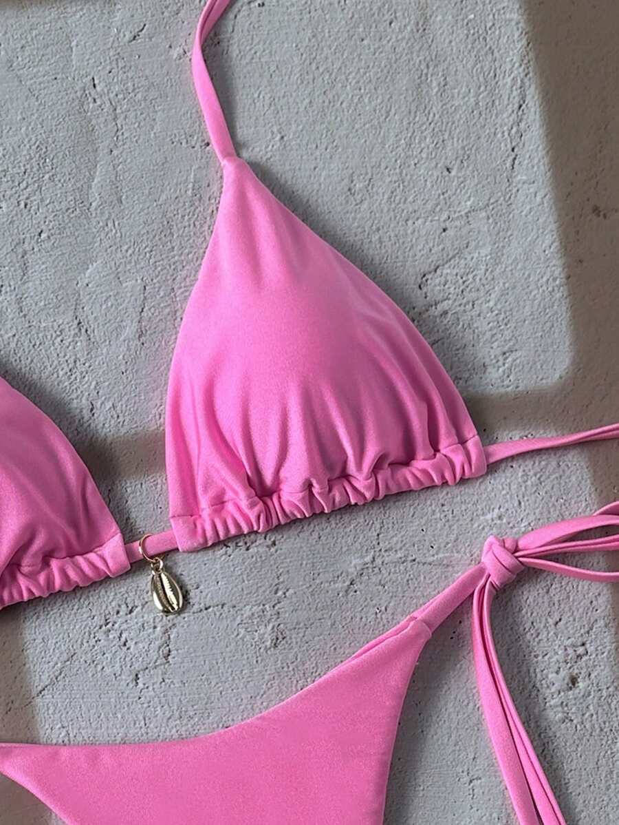 Swim Chiccia Women Spring Break Summer Beach Solid Color Halter Tie Sexy Bikini Swimsuit Set